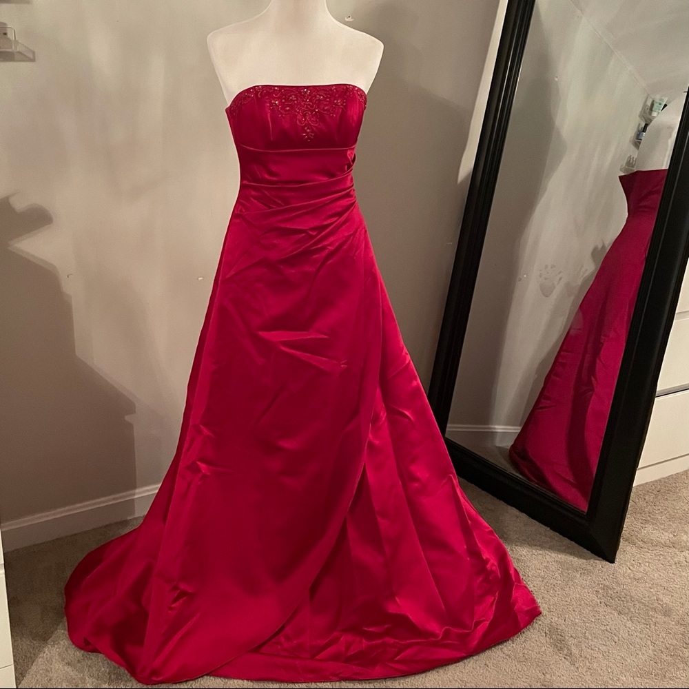 Candy apple red strapless bridesmaid dress with embellished top
